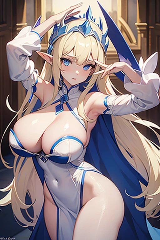 elf woman, White skin, Long loose blonde hair, blue eyes, elegant and provocative white dress, It has a neckline that shows off her large breasts and figure, pose sensual, NSFW