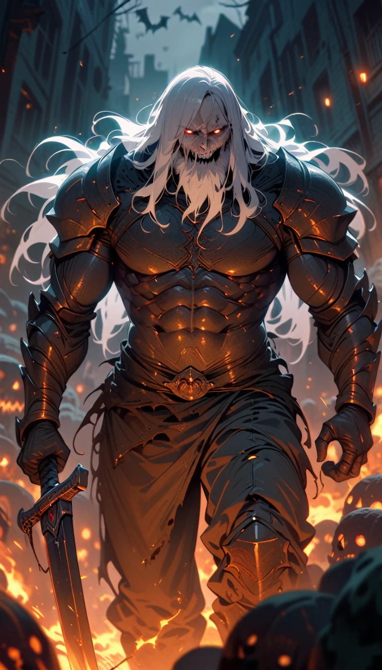 ((best quality)) , ((masterpiece)) , (detailed)，weapon, armor, holding, long hair, facial hair, glowing eyes, 1boy, male focus, holding weapon, glowing, sword, outdoors, helmet, braid, teeth, fire, shoulder armor, pants, grey hair, beard, bangs, holding sword, muscular male, white hair,(((Horror-themed ， Eerie, unsettling, dark, spooky, suspenseful, grim, highly detailed)))