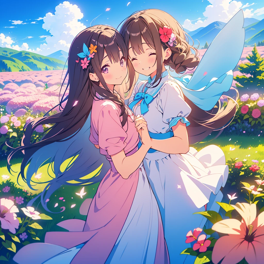 kawaii, anime, Cute, hyper quality, highly detailed, 8k, Clarity, young twin sisters, dark brown long hair, dark brown braided hair, petunia flower garden, Hold hands and dance around in the flower field, Close your eyes and smile, close your eyes and laugh, A good friend, dance and jump, Flower blooming plateau, spreading mountain range, clear sky, clear sky, little bird flies, plateau of the alps, light blue maid outfit, pink maid outfit, big ribbon, Draw facial expressions in detail, colorful petunia flowers, Close your eyes and smile, Petunia petals are dancing, Detailed drawing of petunia flowers, aerial view, light pours down, Symmetrical, 