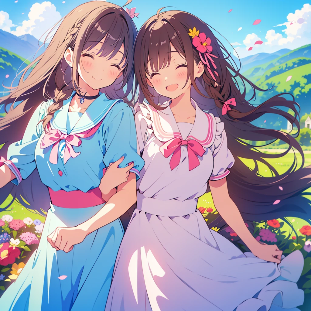 kawaii, anime, Cute, hyper quality, highly detailed, 8k, Clarity, young twin sisters, dark brown long hair, dark brown braided hair, petunia flower garden, Hold hands and dance around in the flower field, Close your eyes and smile, close your eyes and laugh, A good friend, dance and jump, Flower blooming plateau, spreading mountain range, clear sky, clear sky, little bird flies, plateau of the alps, light blue maid outfit, pink maid outfit, big ribbon, Draw facial expressions in detail, colorful petunia flowers, Close your eyes and smile, Petunia petals are dancing, Detailed drawing of petunia flowers, aerial view, light pours down, Symmetrical,