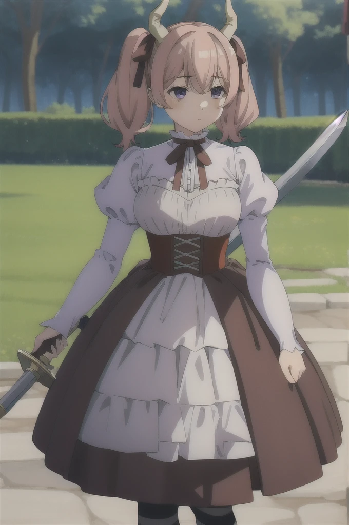 lineye,1girl,独奏,short twintails,hair between eyes,pink hair,medium hair,demon horns,dark red hair ribbon,pointy ears,purple eyes,
frilled shirt collar,dark red choker,white frilled shirt,juliet sleeves,long sleeves,dark red neck ribbon,dark red dress,white frilled dress,white layered dress,brown corset,striped pantyhose,
mary janes,outdoors,battle axe,holding axe, Exquisite visuals, high-definition,masterpiece,best quality,Exquisite visuals,high-definition,masterpiece,best quality,18yo,Young female,Beautiful Fingers,Beautiful long legs,Beautiful body,Beautiful character design,Black hair, sword, sailor suit