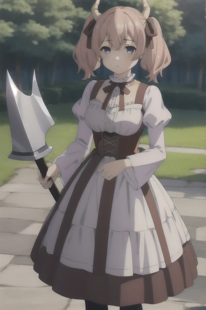 lineye,1girl,独奏,short twintails,hair between eyes,pink hair,medium hair,demon horns,dark red hair ribbon,pointy ears,purple eyes,
frilled shirt collar,dark red choker,white frilled shirt,juliet sleeves,long sleeves,dark red neck ribbon,dark red dress,white frilled dress,white layered dress,brown corset,striped pantyhose,
mary janes,outdoors,battle axe,holding axe, Exquisite visuals, high-definition,masterpiece,best quality,Exquisite visuals,high-definition,masterpiece,best quality,18yo,Young female,Beautiful Fingers,Beautiful long legs,Beautiful body,Beautiful character design,Black hair, sword, sailor suit