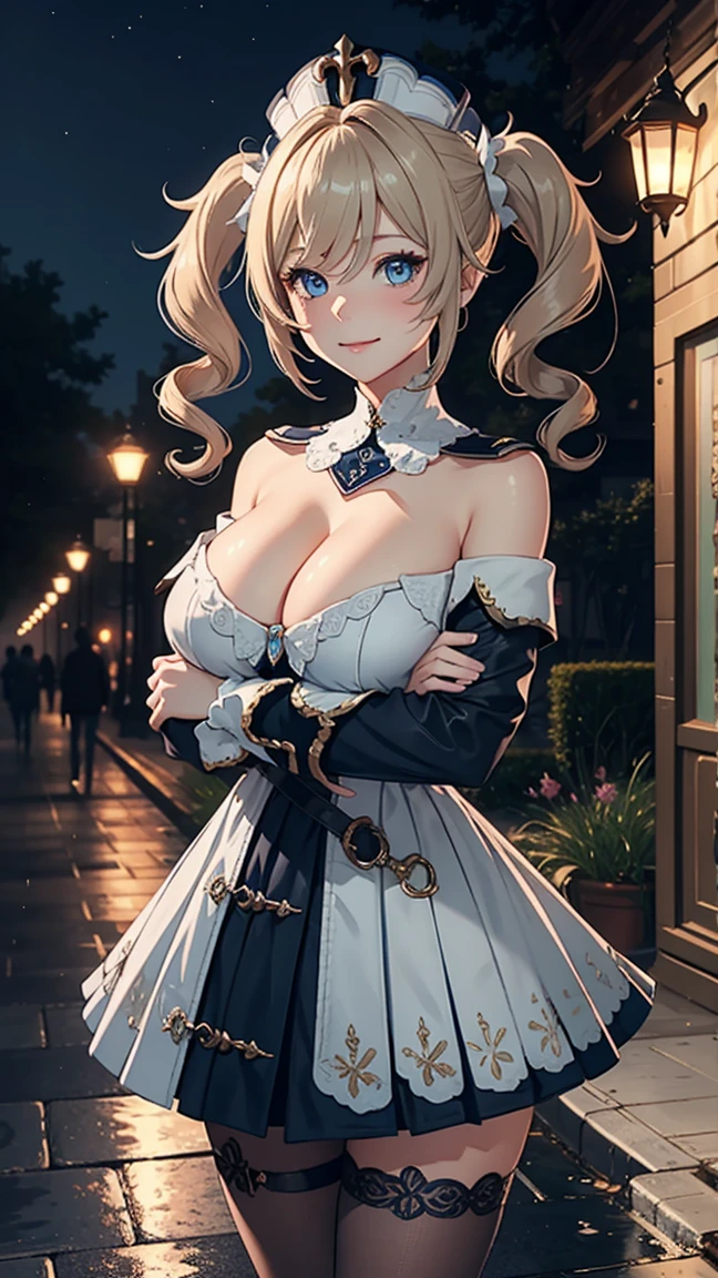 Masterpiece, ultra detail, high quality, 8k cg, huge breast, barbaradef, night, blush, smile, bright eyes, standing, (eyes shining:1.5), detailed upper body, crossed arms,