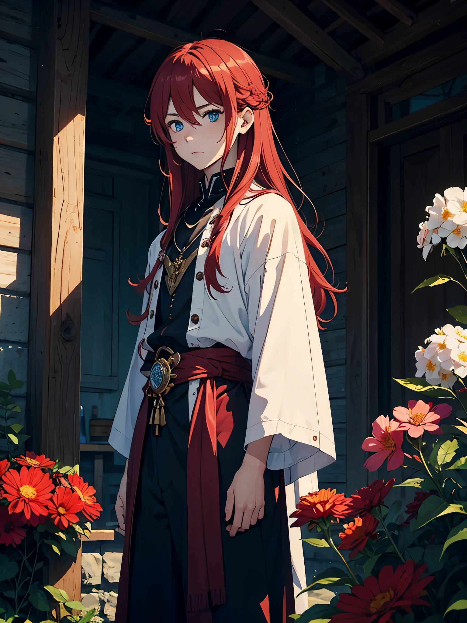 With flowers. With mohnblume. More anime. 2d. Glow. Red hair. More anime. male. Long hair. long red hair. boy, vikings. red hair. blue eyes. 火. 