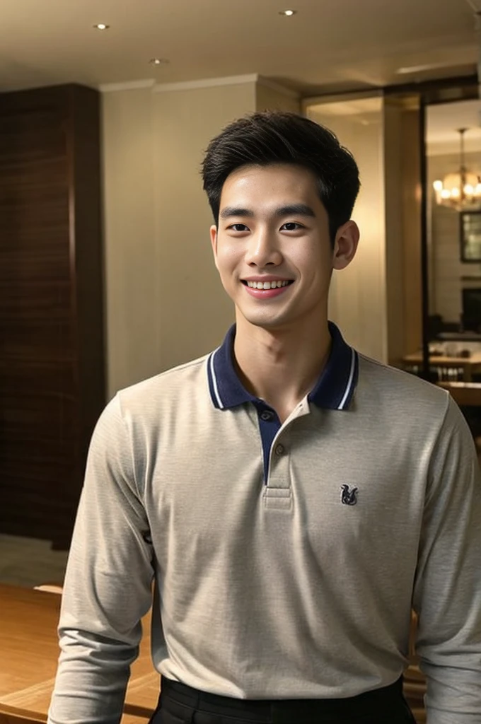 Korean man, Inspiration from Peng Yuyan, 23 years old, Korean muscular man ，The dining room is in the back, a tight-fitting polo shirt., open mouth smile