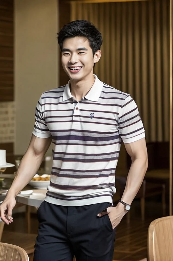 Korean man, Inspiration from Peng Yuyan, 23 years old, Korean muscular man ，The dining room is in the back, a tight-fitting polo shirt., open mouth smile