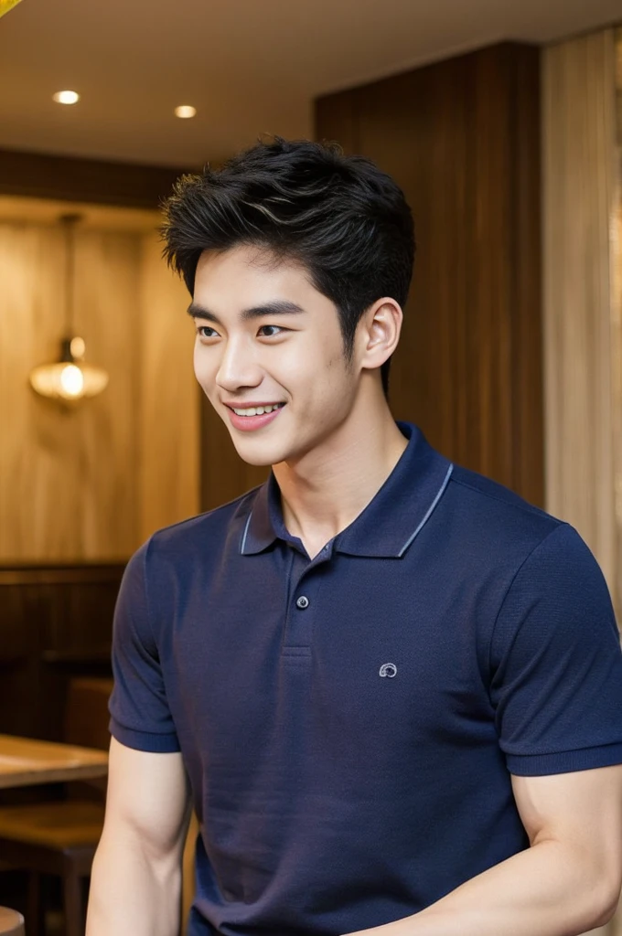 Korean man, Inspiration from Peng Yuyan, 23 years old, Korean muscular man ，The dining room is in the back, a tight-fitting polo shirt., open mouth smile