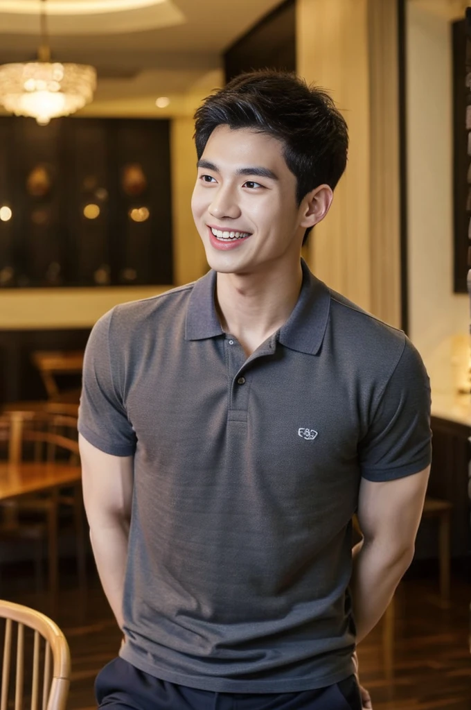 Korean man, Inspiration from Peng Yuyan, 23 years old, Korean muscular man ，The dining room is in the back, a tight-fitting polo shirt., open mouth smile
