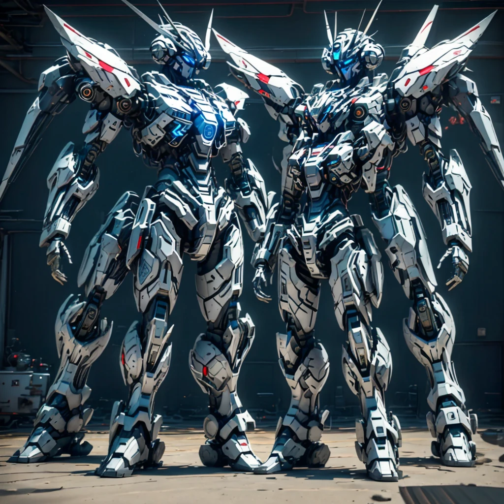 masterpiece, best quality, ultra-detailed), Liberty Guardian-X1 mecha, 9 meters tall, 28 tons, hybrid propulsion system (electric and plasma-based), high-strength titanium alloys and nanocomposite armor, break robust and imposing form, with elegant, aerodynamic curves and angular armor plating, patriotic paint job in red, white, and blue with a glossy finish and fluorescent highlights, break dual plasma cannons mounted on forearms, shoulder-mounted missile launchers with smart targeting and variable munitions, retractable energy katana integrated into the right arm, break dual compact fusion reactors powering both propulsion and weapon systems, adaptive energy shields responding to threats, advanced sensor arrays including radar, infrared, LIDAR, and EM sensors, break Liberty AI System V2.5 for tactical support and autonomous operations, ergonomic pilot seat with full-motion support and damping systems, break holographic HUDs and tactile controls, neural interfaces for direct control and feedback, multiple safety systems including emergency ejection and self-sealing armor capsule, break highly articulated joints with hydraulic reinforcement systems, multiple maneuvering thrusters for quick direction changes and high agility, high ground mobility with adaptive foot structures and retractable wheels, break imposing and powerful, futuristic military design, cinematic lighting, industrial setting, cutting-edge technology, intricate details