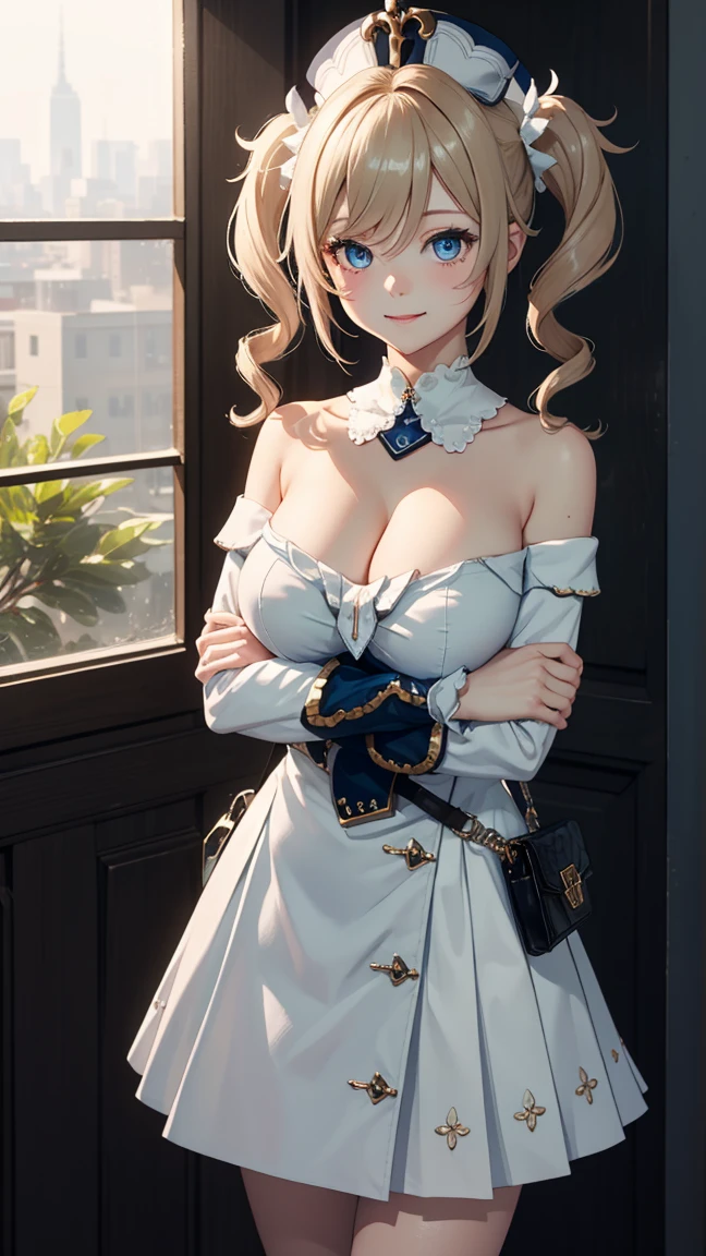 Masterpiece, ultra detail, high quality, 8k cg, huge breast, barbaradef, night, blush, smile, bright eyes, standing, (eyes shining:1.5), detailed upper body, crossed arms,