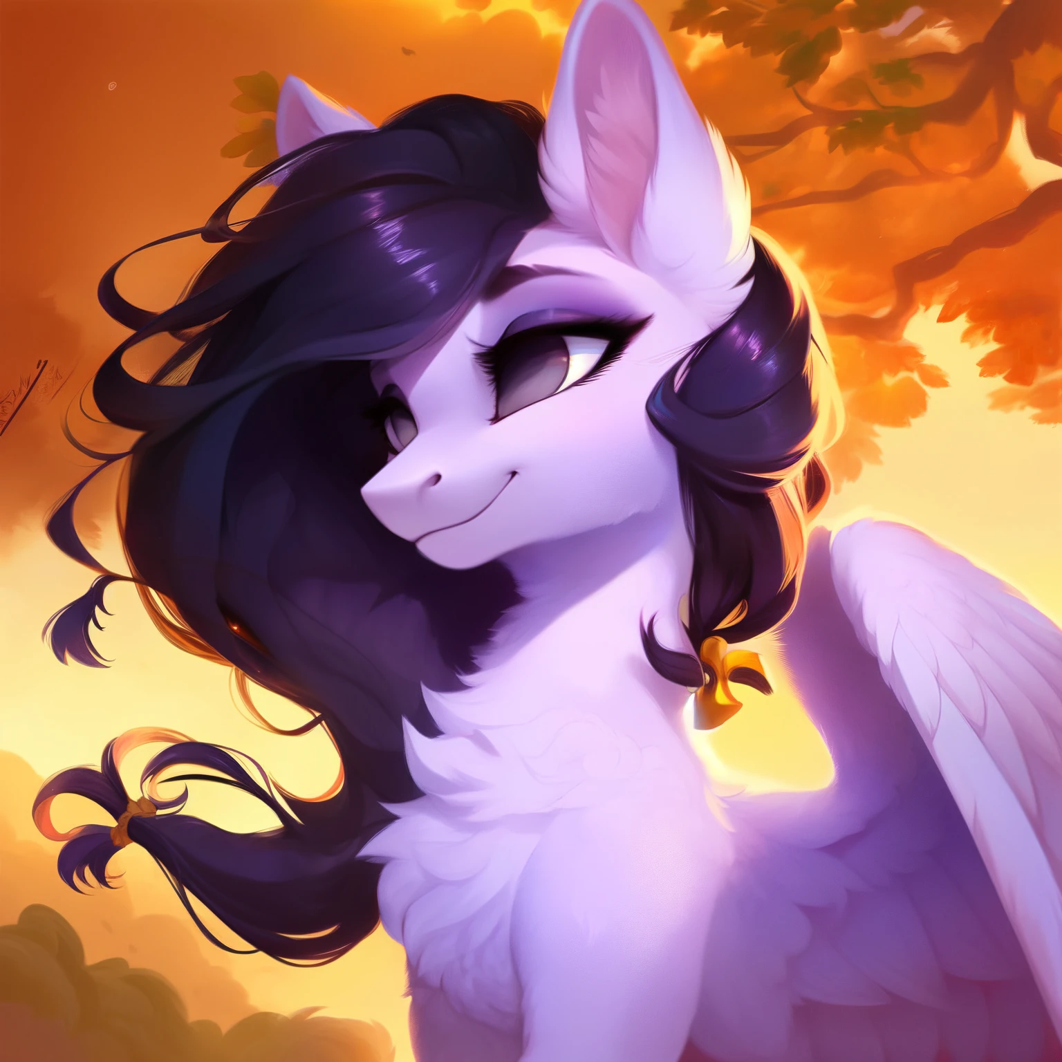 rating_safe, score_9, fluffy, feral pegasus pony, female, Light purple body, black-purple mane, disheveled hair, soft and delicate long hair, clear and proud with a hint of tenderness in grey eyes, grey eyes, smiling. dynamic