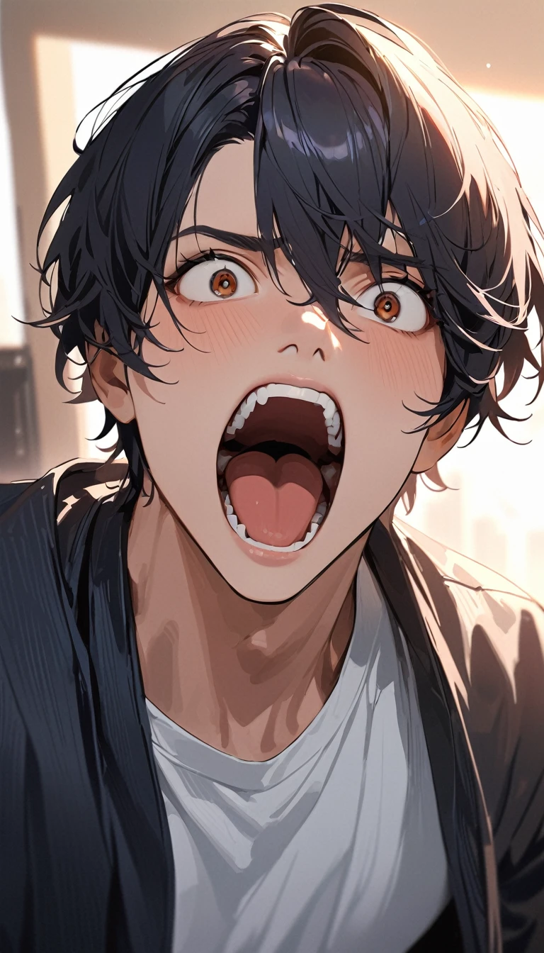 super detail, best quality, A handsome man, black hair, short hair, He has his mouth wide open, showing a very surprised expression.