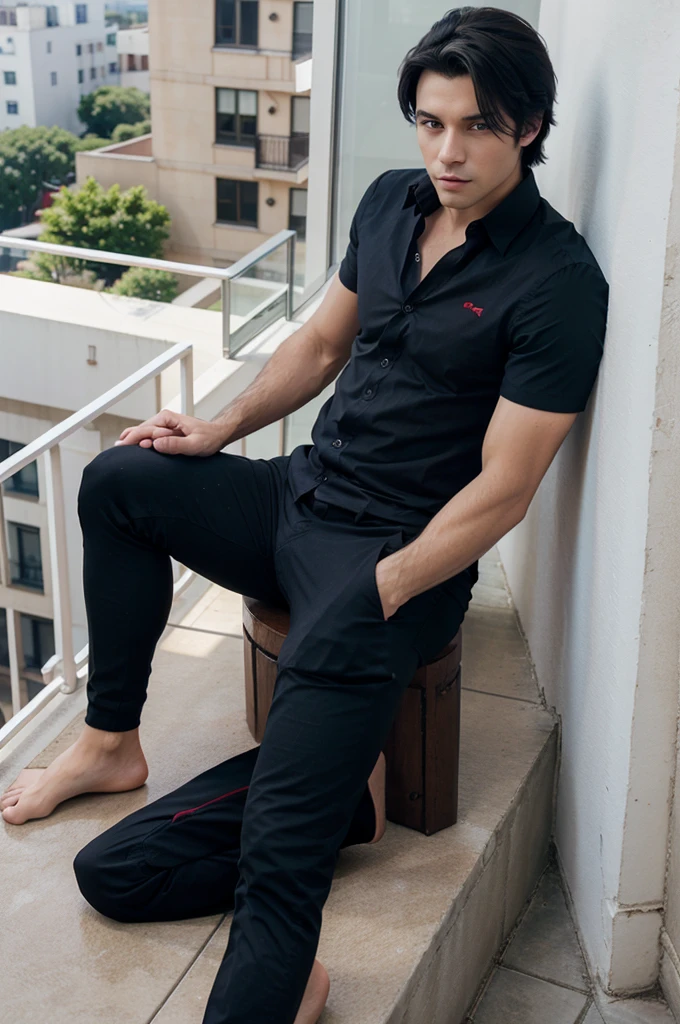 Handsome man.Lean.Black hair.Red eyes.Dark Blue Shirt.Black pants.Sitting Legs crossed..Fingers Interlocked.Location Balcony.Anime