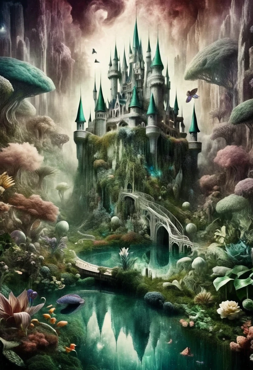 (Take me into a world different from my own, Plants flourish, animal, And magical tranquility),(Create a dreamlike and surreal castle landscape, Blending colors in unique ways,Create striking landscapes),(Merge your art with Technetic Dreams),