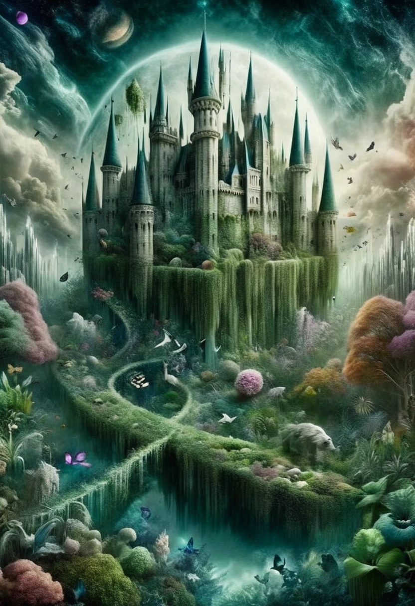 (Take me into a world different from my own, Plants flourish, animal, And magical tranquility),(Create a dreamlike and surreal castle landscape, Blending colors in unique ways,Create striking landscapes),(Merge your art with Technetic Dreams),