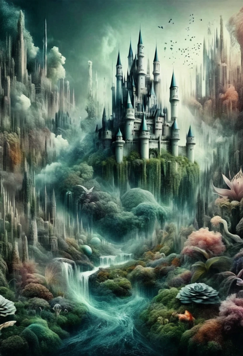 (Take me into a world different from my own, Plants flourish, animal, And magical tranquility),(Create a dreamlike and surreal castle landscape, Blending colors in unique ways，Create striking landscapes),(Merge your art with Technetic Dreams),
