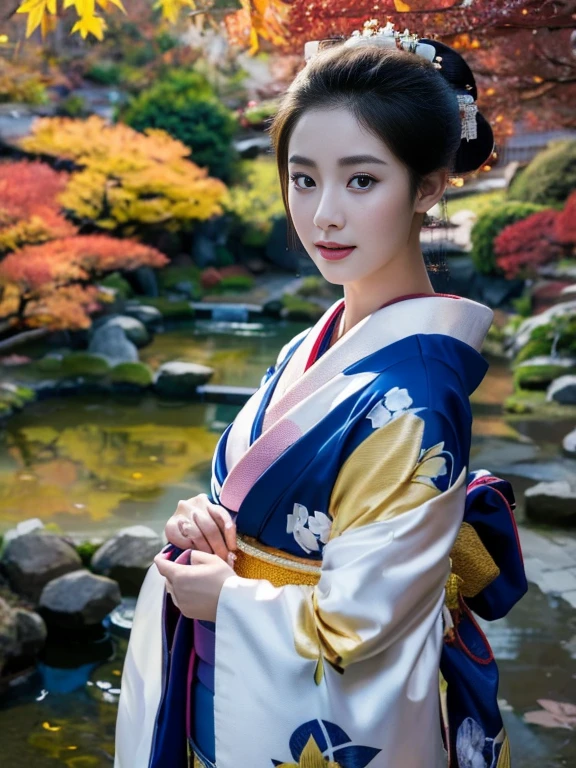 (Highest quality、 8k 、masterpiece、High resolution)、 Japanese painting、Vibrant colors、A woman wearing a kimono、Ample breasts、(Highly detailed face and eyes,Beautiful Face,Beautiful Eyes,Beautiful nose,Pretty lips)、Dynamic painting technique、Japanese garden、Autumn scenery、autumn leaves、Night Sky、moonlight、Detailed Description、