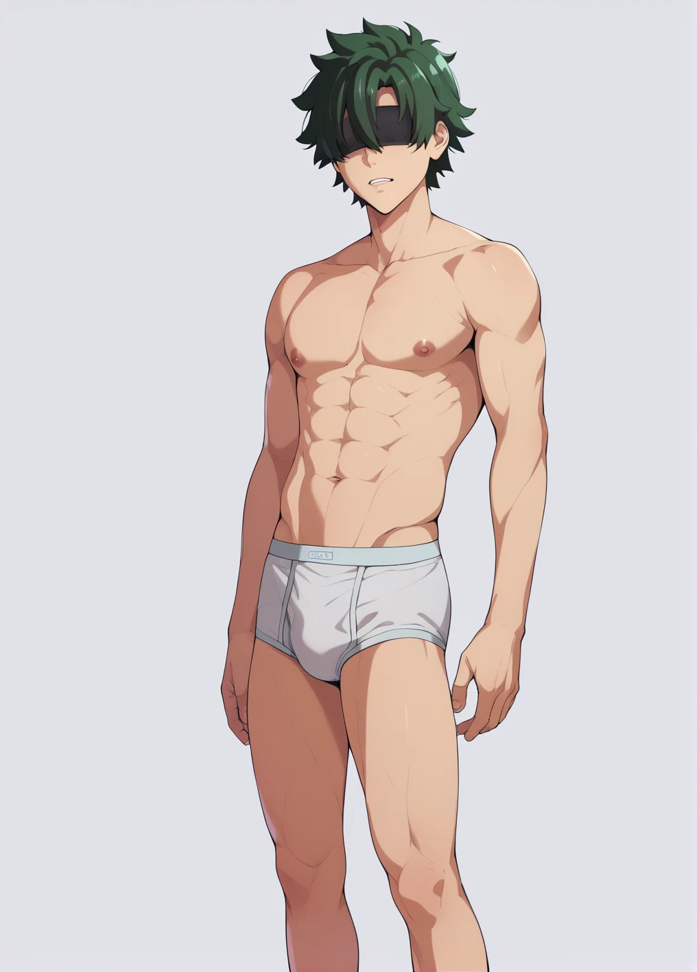 Ultra-detailed illustrations、Ultra-precise expression、masterpiece、Highest quality、ultra High resolution、High resolution、Hiromitsu Takeda Style、White background、Simple Background、stand、whole body、1 young man、hair over eyes、solo、Black Hair、White briefs、barefoot、((Ritsuka Fujimaru))、stand、