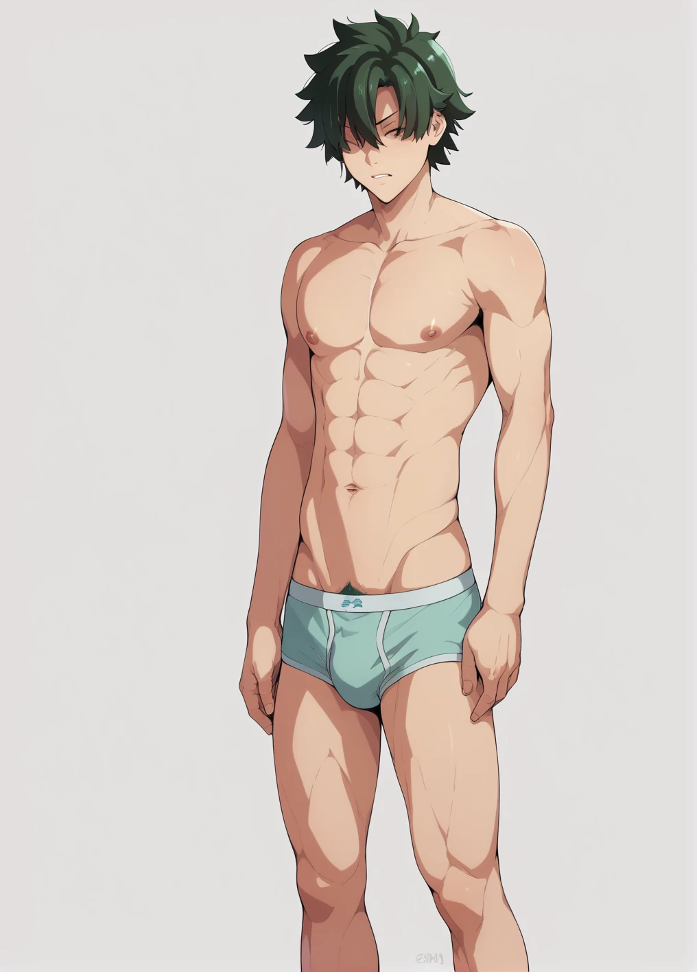 Ultra-detailed illustrations、Ultra-precise expression、masterpiece、Highest quality、ultra High resolution、High resolution、Hiromitsu Takeda Style、White background、Simple Background、stand、whole body、ung man、hair over eyes、solo、Black Hair、White briefs、barefoot、((Ritsuka Fujimaru))、stand、