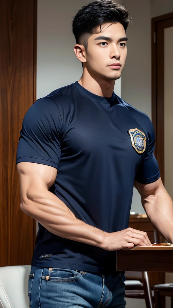 (Create a masterpiece:1.2),(CGI art:1.3),(realistic:1.5),(After processing:1.3),(Sharp focus:1.3),1 man ,(black hair) ,(Wear color navy round neck T-shirt), (with a Police badge:1.1),Navy blue jeans,Korean guy,korean men,(High gloss details),chest muscles,large arm muscles,blood vessel,Big muscles,Broad shoulders,looking at the audience,Balancing the eyes,(Lind has a dining table:1.3),