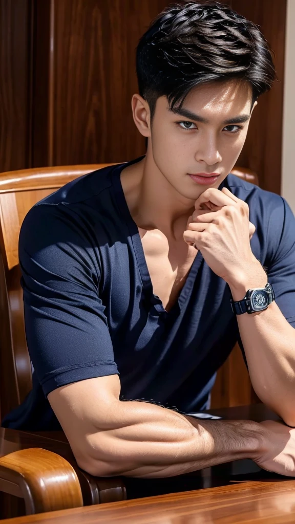 (Create a masterpiece:1.2),(CGI art:1.3),(realistic:1.5),(After processing:1.3),(Sharp focus:1.3),1 man ,(black hair) ,(Wear color navy round neck T-shirt), (with a Police badge:1.1),Navy blue jeans,Korean guy,korean men,(High gloss details),chest muscles,large arm muscles,blood vessel,Big muscles,Broad shoulders,looking at the audience,Balancing the eyes,(Lind has a dining table:1.3),