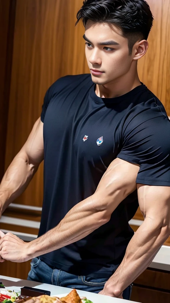(Create a masterpiece:1.2),(CGI art:1.3),(realistic:1.5),(After processing:1.3),(Sharp focus:1.3),1 man ,(black hair) ,(Wear color navy round neck T-shirt), (with a Police badge:1.1),Navy blue jeans,Korean guy,korean men,(High gloss details),chest muscles,large arm muscles,blood vessel,Big muscles,Broad shoulders,looking at the audience,Balancing the eyes,(Lind has a dining table:1.3),