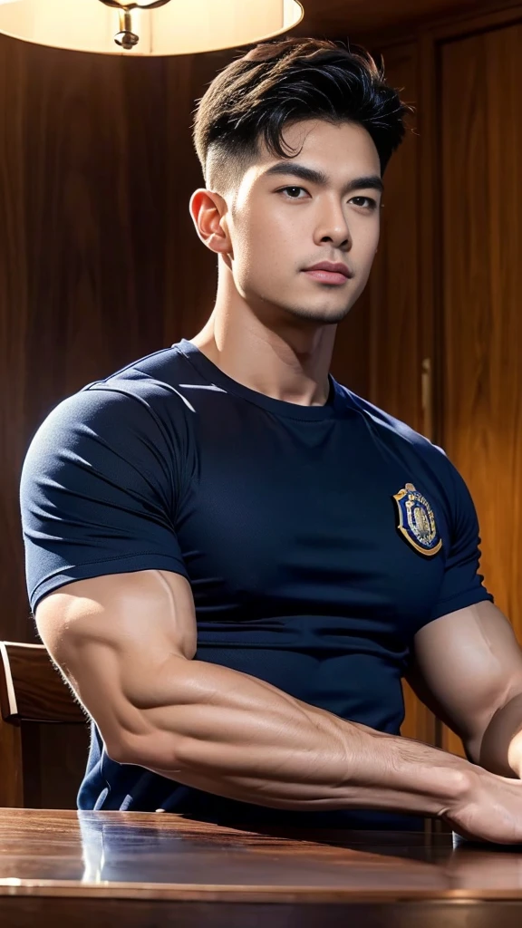 (Create a masterpiece:1.2),(CGI art:1.3),(realistic:1.5),(After processing:1.3),(Sharp focus:1.3),1 man ,(black hair) ,(Wear color navy round neck T-shirt), (with a Police badge:1.1),Navy blue jeans,Korean guy,korean men,(High gloss details),chest muscles,large arm muscles,blood vessel,Big muscles,Broad shoulders,looking at the audience,Balancing the eyes,(Lind has a dining table:1.3),