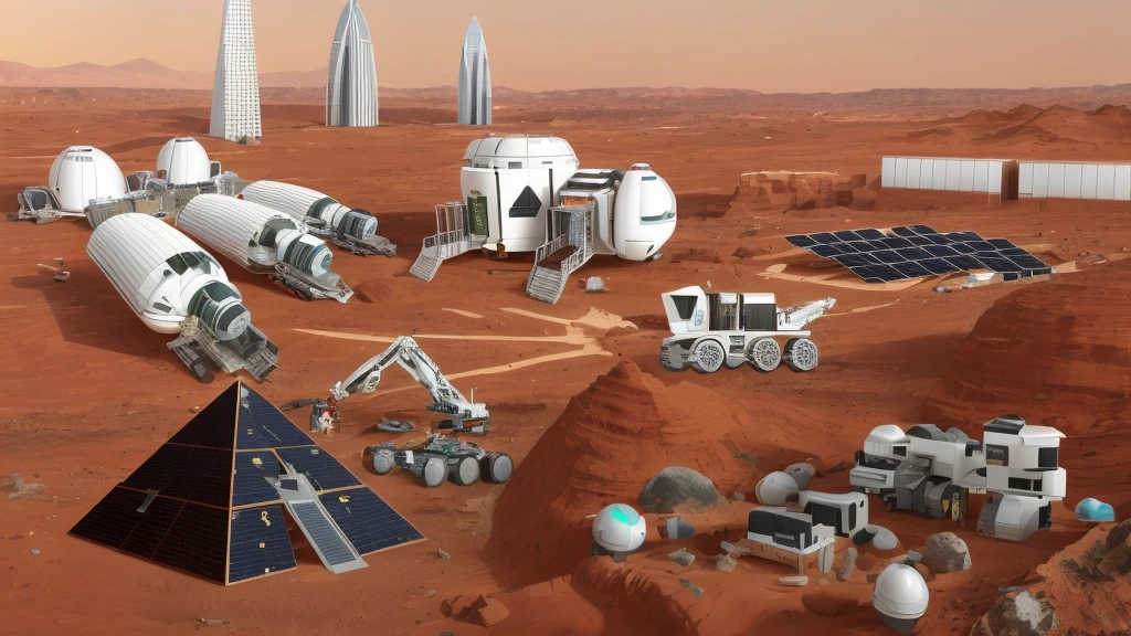 Mars base construction,There are high-rise buildings and ultra-modern houses,There are neatly arranged solar panels harnessing solar energy,There are huge 3D printers printing bricks in the form of red Lego bricks,There are transporters transporting bricks,Realistic,Don't use bells and whistles,The exterior of the house is close to the color of the soil,The proportion of changes in the original picture is small,4K
