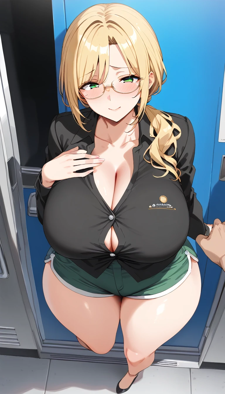 (POV from above), (Best quality: 1.5), (masterpiece: 1.5), (2.5D), (good definition), (detailed face), (well-drawn face), (vivid colors), (1 character) , (exaggerated proportions), (hentai), (perfect anatomy), (character in the center), (absurd), (4k wallpaper), (detailed eyes), (perfect hands), (perfect fingers), (skin beautiful), (glowing skin), (perfect shadows), (perfect lighting), (full body), (beautiful eyes), (masterpiece), (voluptuous body), (pretty face), adult woman, seductive MILF, Face Mature MILF, mature woman, blonde hair with a low and slightly disheveled ponytail, green eyes, wears glasses, wears linen shorts and a button-down blouse, embarrassed and nervous expression, huge breasts, huge thighs, huge butt, voluptuous body, good proportions , him traveling on a train surrounded by many men with censored and pixelated faces