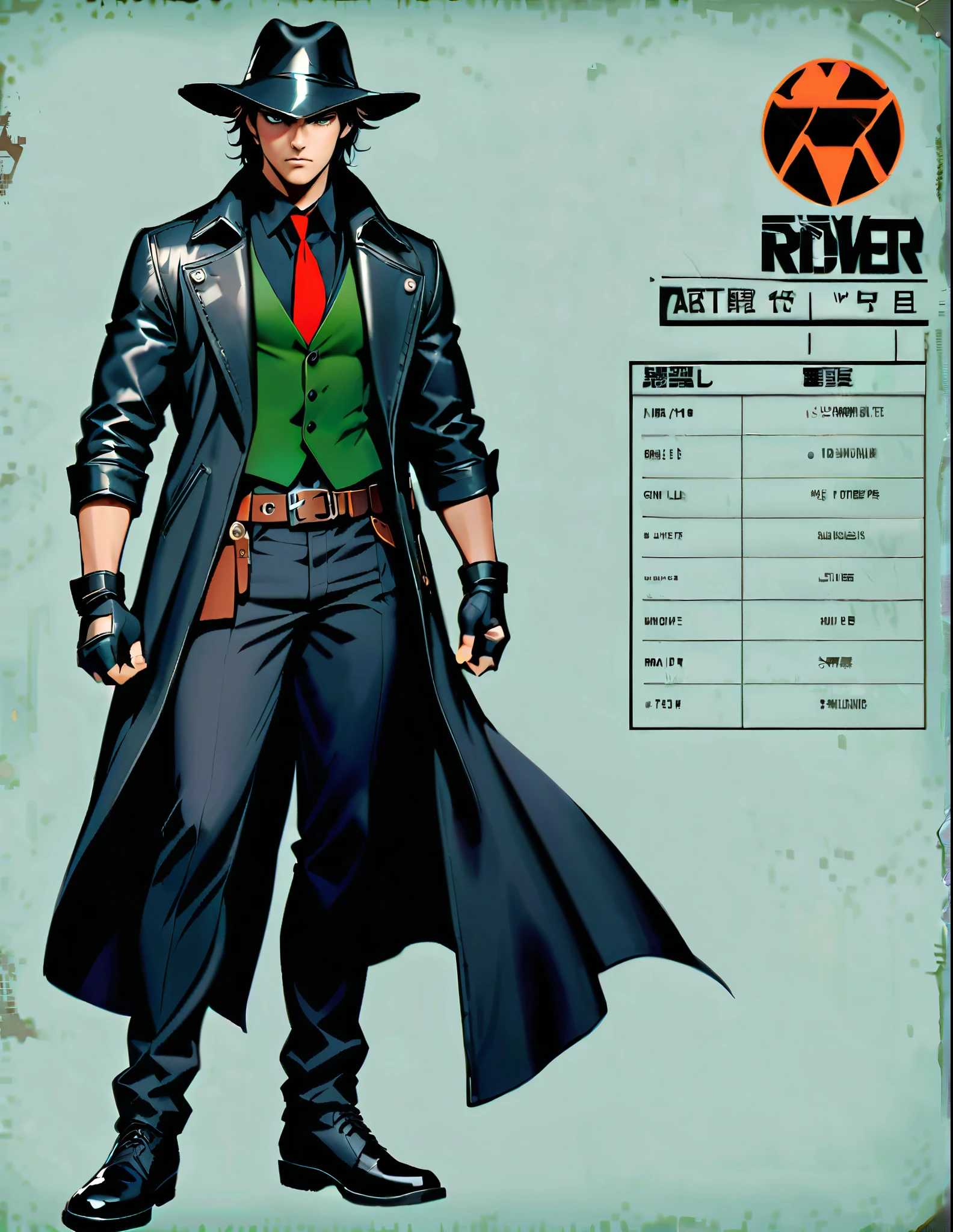 semi-realistic, solo, solo focus, ung black-haired man, dark green vest, serious look, 1 man, green eyes, full body shot, cowboy bounty hunter, black hat, black shirt, red necktie, long black coat, fingerless gloves, black pants, belt buckle, shoes, serious look,Simple background, Character Sheet Full-Length. Gun, revolver.