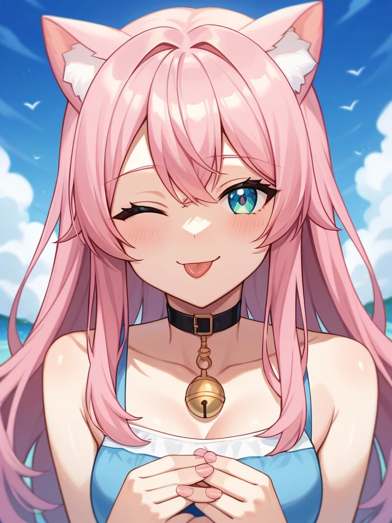 Adult, Female, long pink hair, winking, smiling, tongue out, vtuber, otaku bedroom, Masterpiece, Accurate, Anatomically Correct, Best Quality, High Details, Detail, Super Detailed, Best detail, Perfect detail, Amazing detail, [-3, 3], perfect hands, best hands, best fingers, perfect fingers, perfect body, best body, amazing body, Looking at viewer, front facing, upper body shot, Cat Ears, Close-Up, 