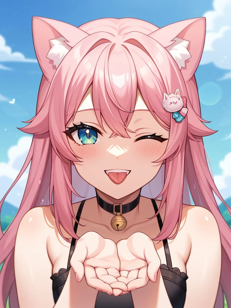 Adult, Female, long pink hair, winking, smiling, tongue out, vtuber, otaku bedroom, Masterpiece, Accurate, Anatomically Correct, Best Quality, High Details, Detail, Super Detailed, Best detail, Perfect detail, Amazing detail, [-3, 3], perfect hands, best hands, best fingers, perfect fingers, perfect body, best body, amazing body, Looking at viewer, front facing, upper body shot, Cat Ears, Close-Up, 