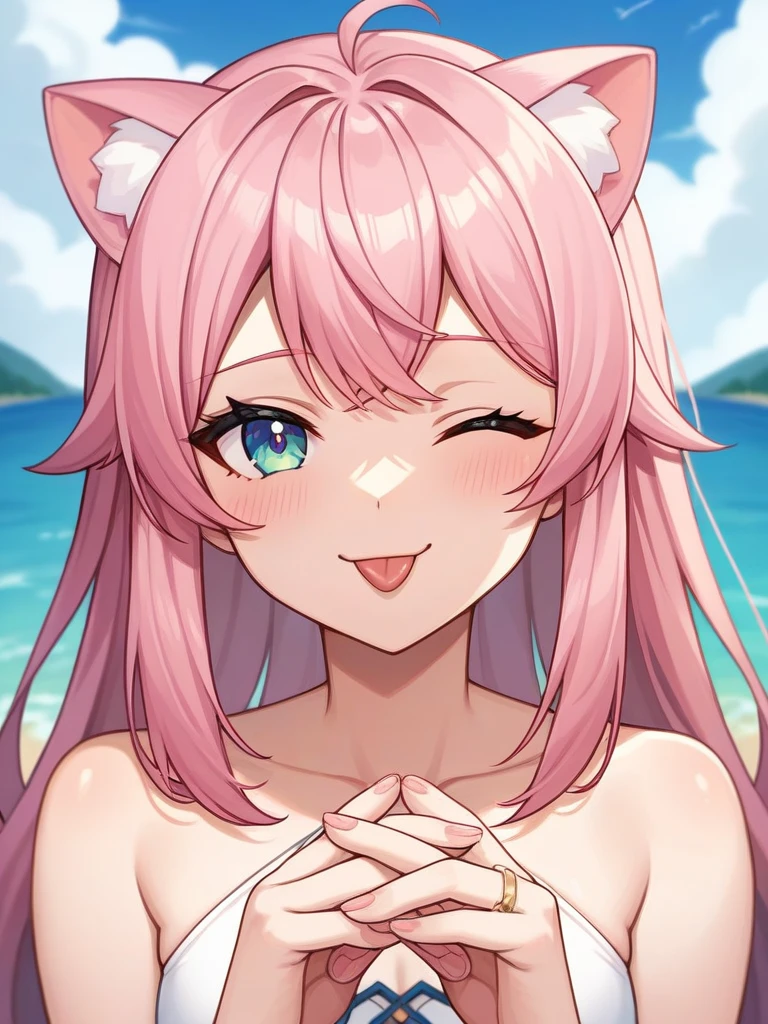 Adult, Female, long pink hair, winking, smiling, tongue out, vtuber, otaku bedroom, Masterpiece, Accurate, Anatomically Correct, Best Quality, High Details, Detail, Super Detailed, Best detail, Perfect detail, Amazing detail, [-3, 3], perfect hands, best hands, best fingers, perfect fingers, perfect body, best body, amazing body, Looking at viewer, front facing, upper body shot, Cat Ears, Close-Up, 