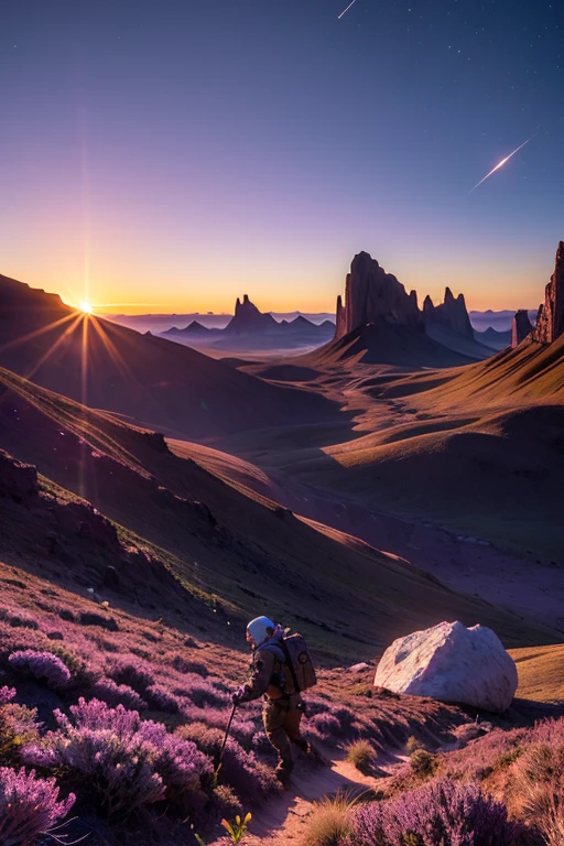 Distant unknown planet,A wide and unique wilderness,《There are lots of giant crystals growing》,The sky is purple at sunset,Person in space suit walking through the wilderness,《The person wearing the space suit is written in small letters.》,Enhance the scenery,