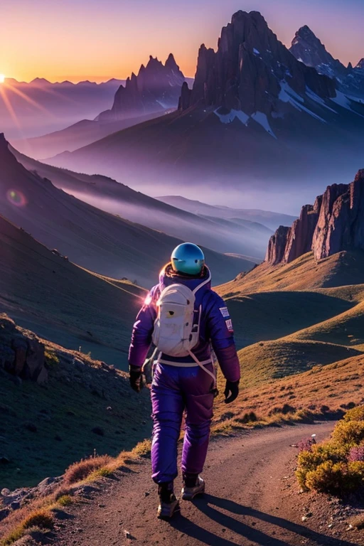 Distant unknown planet,A wide and unique wilderness,《There are lots of giant crystals growing》,The sky is purple at sunset,Person in space suit walking through the wilderness,《The person wearing the space suit is written in small letters.》,Enhance the scenery,