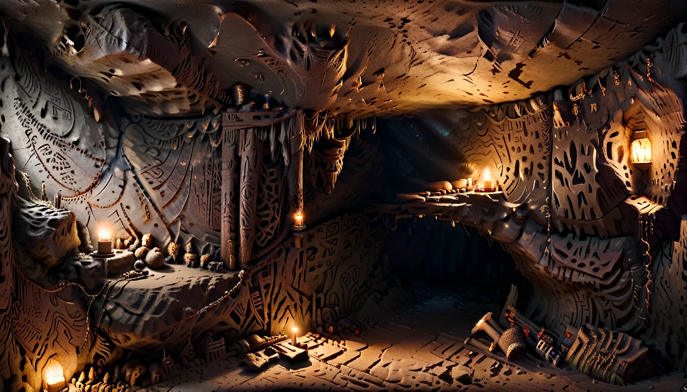A dark cave room,There are various symbols carved on the cave walls.,Dense