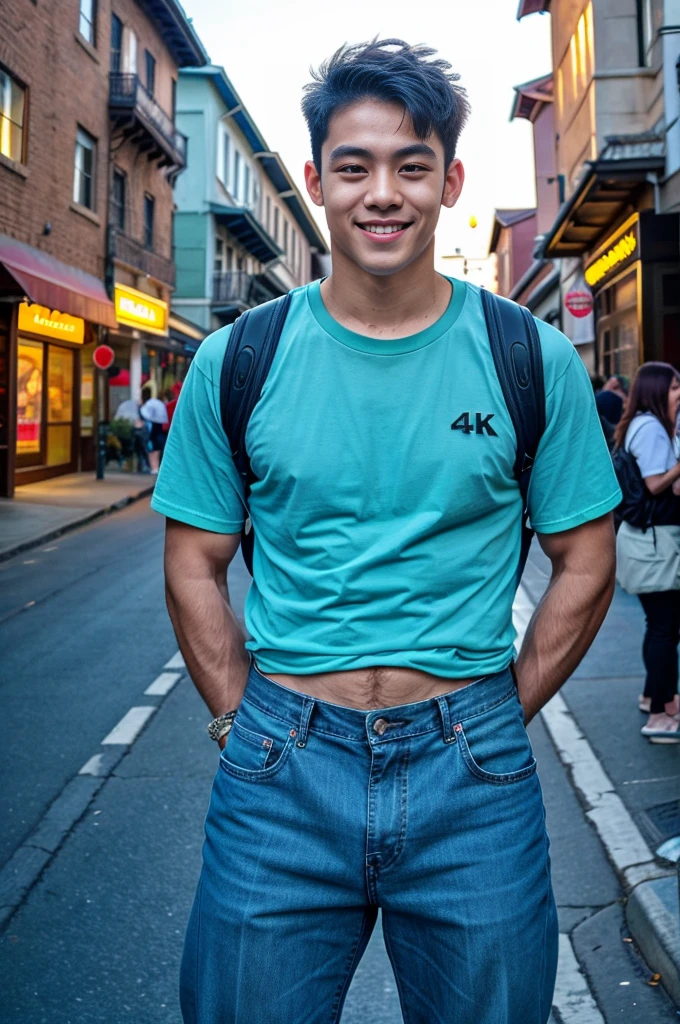 (best quality, 4K, 8k, high resolution, Masterpiece: 1.2), Special details, (realistically, As realistic as a photo, photo realistic: 1.37), Edge lighting, Extra detailed coloring, sharp focus, Physical rendering ,Extremely detailed description,professional,light color,Bokeh,Portrait,look at the viewer, tourist attractions Young Asian man, 20 years old ,(Wear a T-shirt), smile