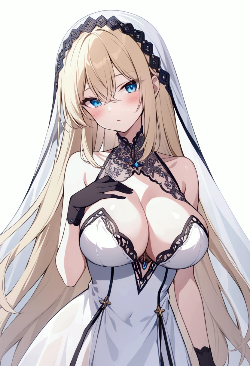 slender, mature female, breasts, 1girl, gloves, veil, bare_shoulders, blue_eyes, blonde_hair, long_hair, dress, solo, large_breasts, cleavage, looking_at_viewer, blush, see-through, parted_lips, black_gloves, bangs, sidelocks, white_dress, hair_ornament, between_breasts, hair_between_eyes, eyebrows_visible_through_hair, very_long_hair, simple_background, upper_body, collarbone, sleeveless, hand_up, hand_on_own_chest, jewelry, sleeveless_dress, white_background, hands_on_own_chest