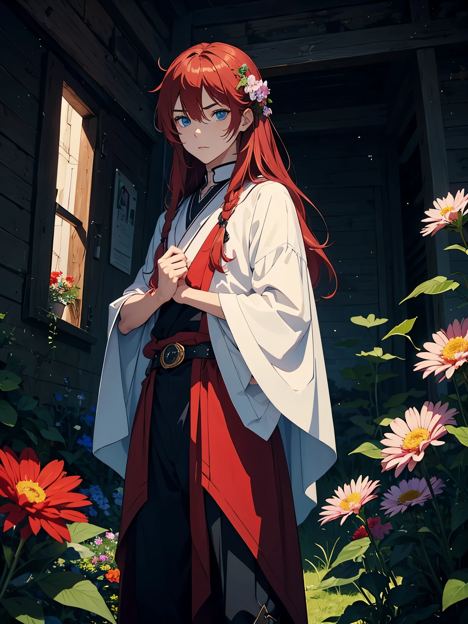 With flowers. With mohnblume. More anime. 2d. Glow. Red hair. More anime. male. Long hair. long red hair. boy, vikings. red hair. blue eyes. 火.