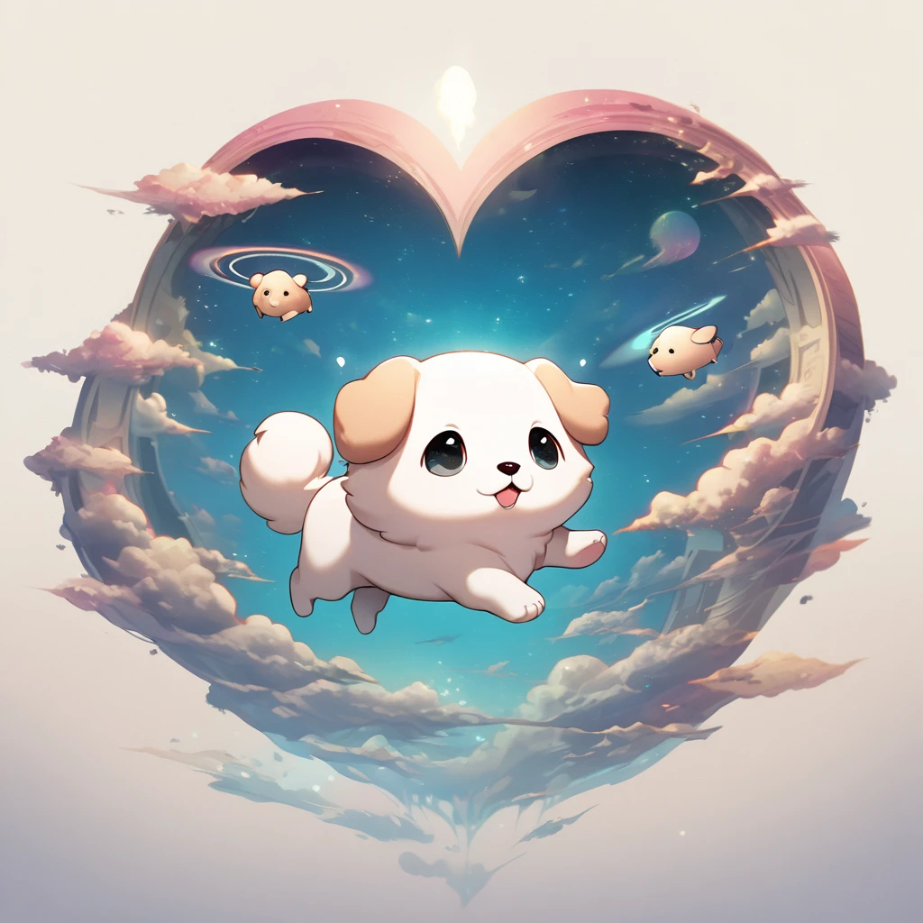 Surreal, imaginative, dreamy,Puppy Floating in air, (no humans),Puppy