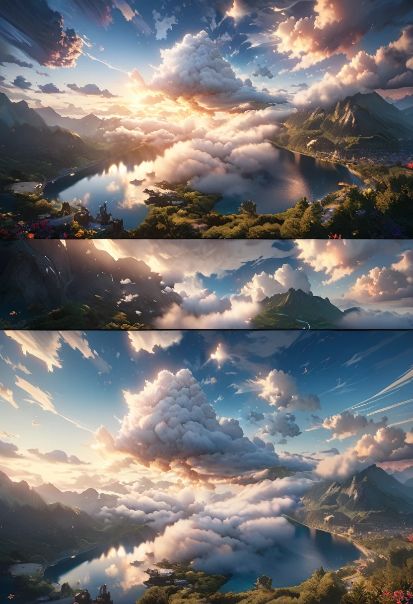 (Beautiful detailed sky with clouds:1.5)、Flying dog:1.0、(詳細でRealな空:1.4)、Fluffy Clouds、Serene atmosphere、Peaceful setting、(Highest quality、8k、High resolution、masterpiece:1.2)、Super detailed、(Real、Photorealistic、Photorealistic:1.37)、landscape、Bright colors、Dramatic lighting、Cinematic composition、Ethereal、Whimsical、dream-like