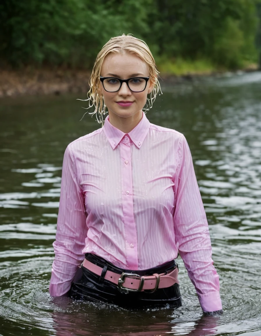 (heavy rain), (perfect photo of a beautifully soaked, gorgeous blonde lady with glasses), (wet hair:1.3), (emerging out from water:1.3), she proudly wears her (wet pink pinstriped satin shirt:1.3) buttoned to the top, with (long sleeves that extends to her wrists), as she feels the collar of her shirt, (in a river), (only head and shoulders visible on the water:1.4), partially submerged, (kinkily smirking directly at camera with an (aroused expression from being soaking wet), inviting you in), (her black trousers with a belt are visible under the water), photographed on a Fujifilm XT3, 80mm F/1.7 prime lens, cinematic film still, cinestill 500T, highly detailed, masterpiece, highest quality, intricately detailed, HDR, 16k, uhd, photorealistic