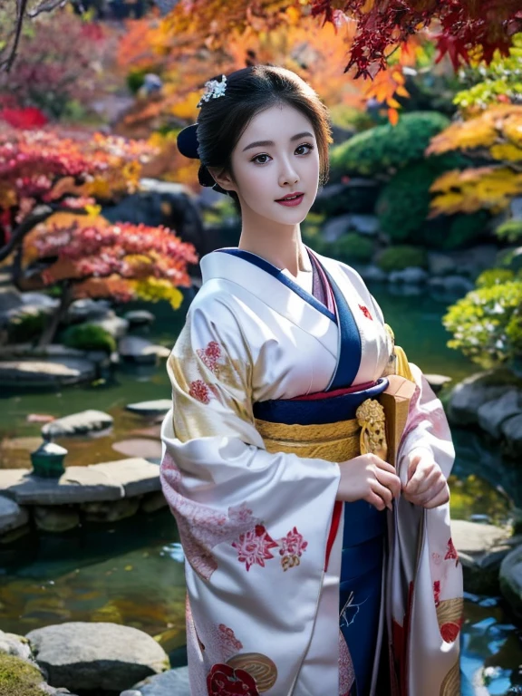 (Highest quality、 8k 、masterpiece、High resolution)、 Japanese painting、Vibrant colors、A woman wearing a kimono、Ample 、(Highly detailed face and eyes,Beautiful Face,Beautiful Eyes,Beautiful nose,Pretty lips)、Dynamic painting technique、Japanese garden、Autumn scenery、autumn leaves、Night Sky、moonlight、Detailed Description、