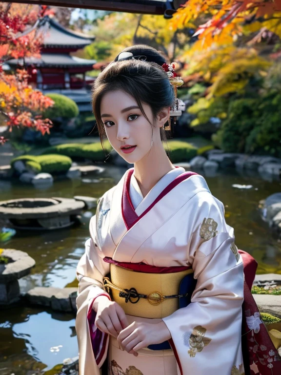 (Highest quality、 8k 、masterpiece、High resolution)、 Japanese painting、Vibrant colors、A woman wearing a kimono、Ample breasts、(Highly detailed face and eyes,Beautiful Face,Beautiful Eyes,Beautiful nose,Pretty lips)、Dynamic painting technique、Japanese garden、Autumn scenery、autumn leaves、Night Sky、moonlight、Detailed Description、