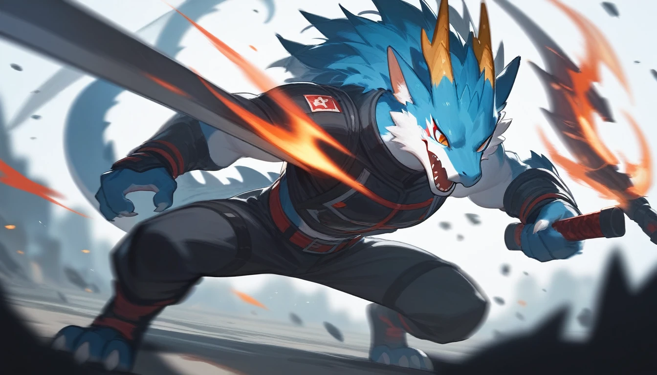 top quality, High quality illustrations((masterpiece))depth of field, Motion blur, absurdities, perfect anatomy, Magnificent image of kemono fighting fierce battles., kemono, 1 chico, Focus only, the second((dramatic))epic, weapon, dynamic pose, a scene of the movie.,furry，host dragon
