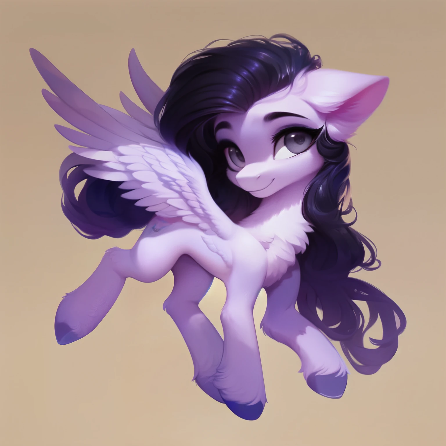rating_safe, score_9, fluffy, feral pegasus pony, female,Purple body,Black purple mane,Wearing hair,Soft and fine long hair,清澈高傲带有几分温柔的Gray Eyes,Gray Eyes,Smile。Full body portrait