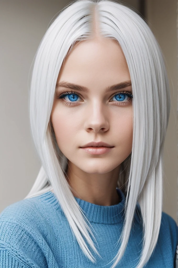 A girl with sholder length white hair and beautiful blue eyes 