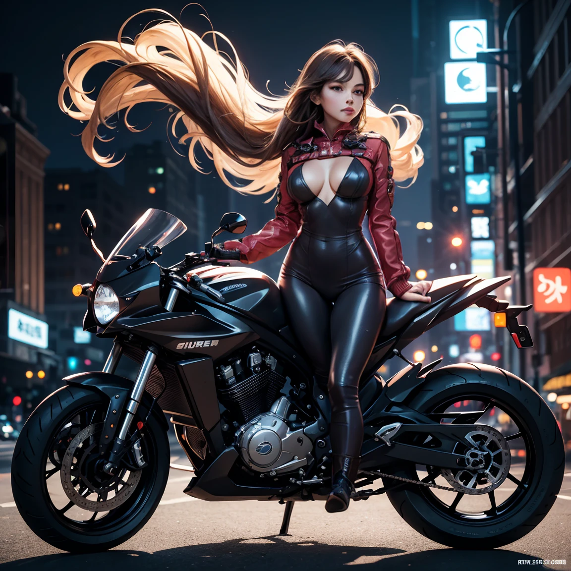 Beautiful and sexy woman in black leather full body suit, a woman riding a large motorcycle, long brown curly hair, hair blowing in the wind, red lipstick, Fujiko Mine from the anime Lupin III, Fujiko Mine, slender figure and beautiful bell-shaped breasts, high heeled black boots, Gotham City at night,
