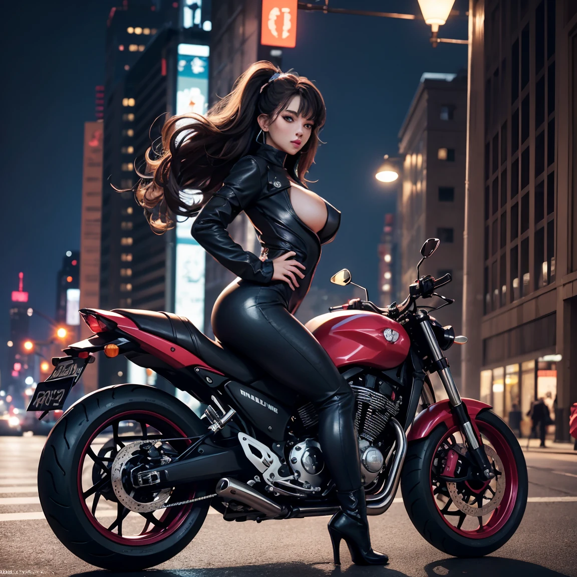 Beautiful and sexy woman in black leather full body suit, a woman riding a large motorcycle, long brown curly hair, hair blowing in the wind, red lipstick, Fujiko Mine from the anime Lupin III, Fujiko Mine, slender figure and beautiful bell-shaped breasts, high heeled black boots, Gotham City at night,