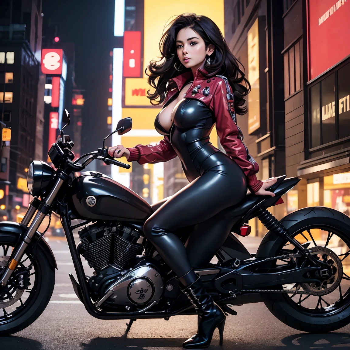 Beautiful and sexy woman in black leather full body suit, a woman riding a large motorcycle, long brown curly hair, hair blowing in the wind, red lipstick, Fujiko Mine from the anime Lupin III, Fujiko Mine, slender figure and beautiful bell-shaped breasts, high heeled black boots, Gotham City at night,